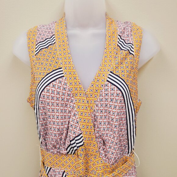 Anthropologie Maeve Midi Dress 4P Carla Yellow Geometric Midi Wrap Tie Waist - Picture 3 of 11